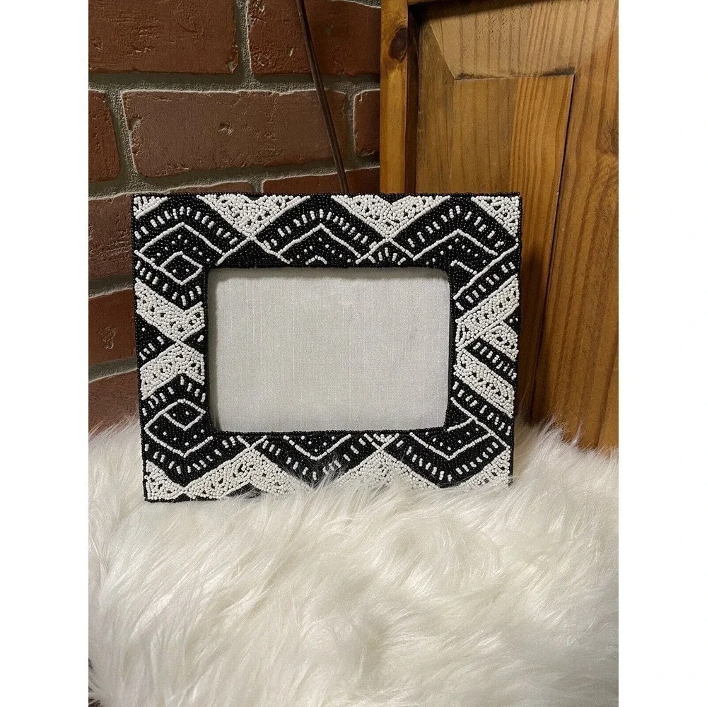 Asian Beaded Frame. Handcrafted Black & White. 8X10